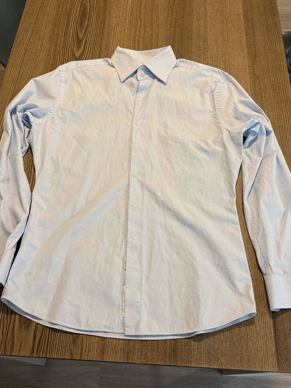 Men's Light Blue Dress Shirt in M size Thomas Mason fabric Tailored Point Collar